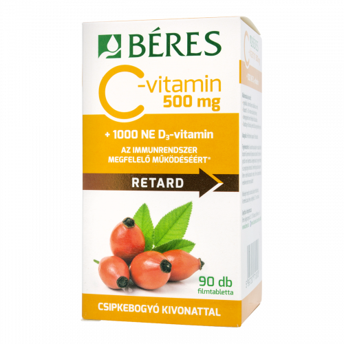 Béres C-vitamin 500 mg RETARD filmtabletta csipkebogyó kivonattal + 1000 NE D3-vitamin, 90 db