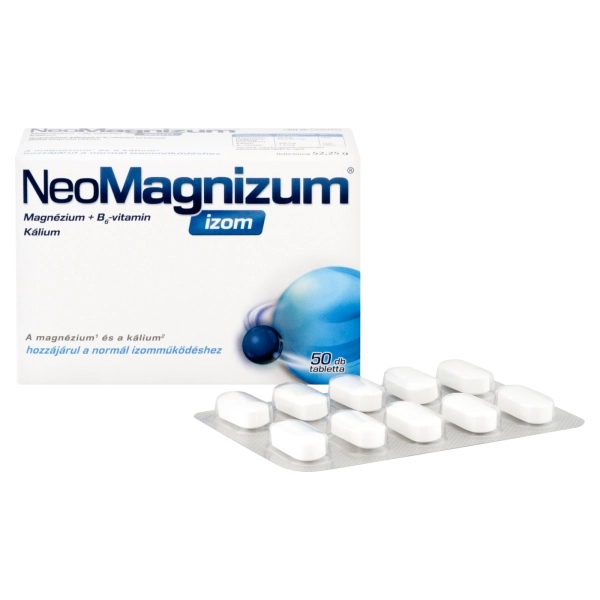 NeoMagnizum izom magnéziumot, káliumot és B6-vitamint tartalmazó étrend-kiegészítő tabletta, 50 db