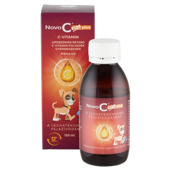 Novo C© kids liposzómás C-vitamint tartalmazó málna ízű folyékony étrend-kiegészítő gyermekeknek, 120 ml