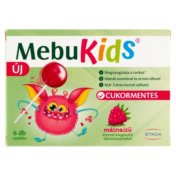 MebuKids Izlandi zuzmó és orvosi ziliz tartalmú, málnaízű étrend-kiegészítő nyalóka édesítőszerekkel, 6 db