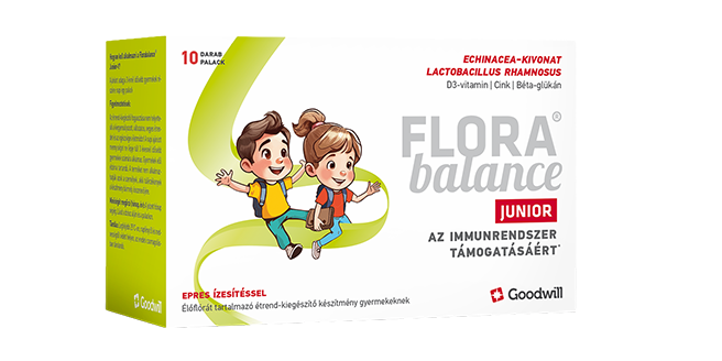 Florabalance Junior élőflórát tartalmazó étrend-kiegészítő készítmény gyermekeknek epres ízesítéssel, 10 db palack