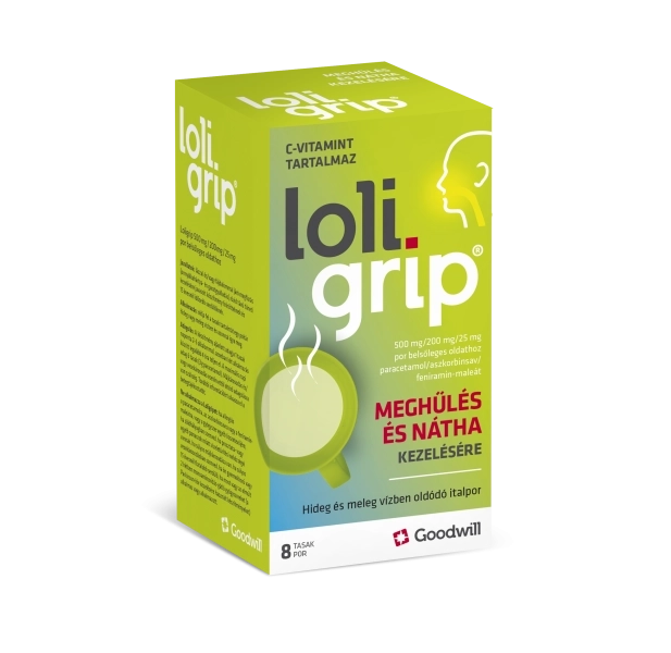 Loligrip 500 mg/200 mg/25 mg por belsőleges oldathoz, 8 tasak